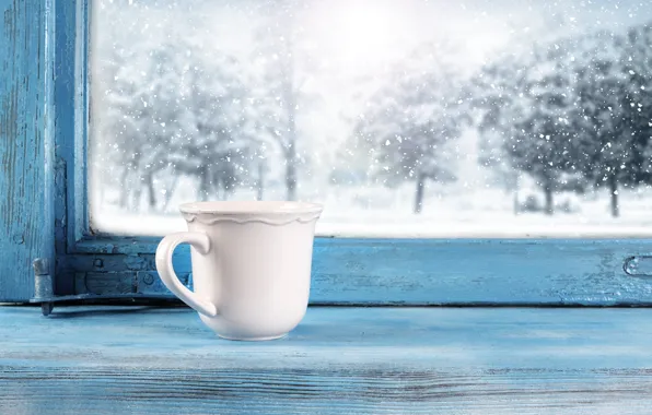 Cold, winter, snow, window, frost, Cup, winter, snow