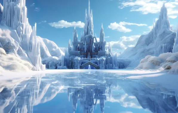 Winter, frost, clouds, snow, mountains, reflection, castle, rocks