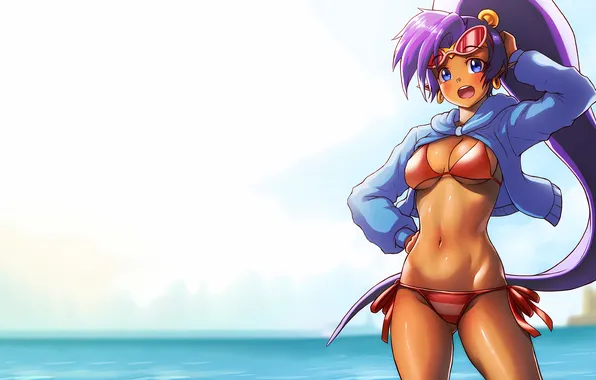 Girl, sexy, cleavage, beach, long hair, sea, boobs, anime