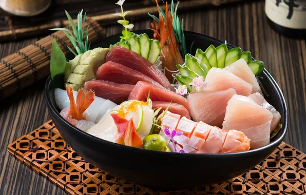 Fish, cucumber, shrimp, seafood, salmon, tuna