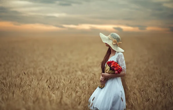 Field, summer, girl, sunset, flowers, nature, bouquet, hat