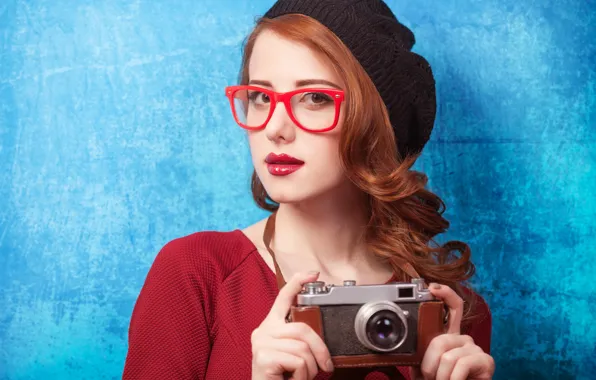 Picture look, girl, glasses, the camera, red hair