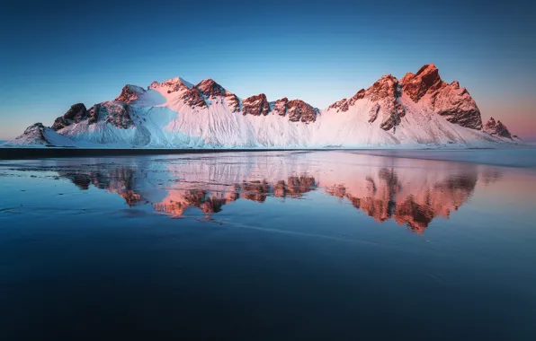 Beach, reflection, mountains, Iceland, Stones