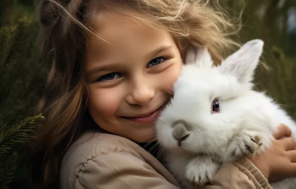 White, nature, smile, child, portrait, rabbit, girl, Bunny