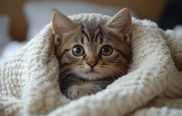 Cat, look, pose, kitty, grey, lies, plaid, face