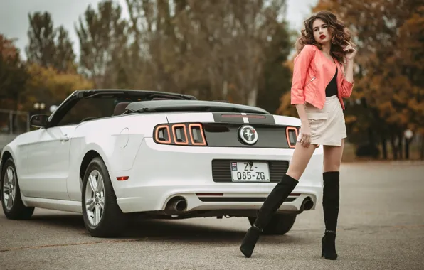 Machine, auto, girl, pose, skirt, boots, jacket, Ford Mustang