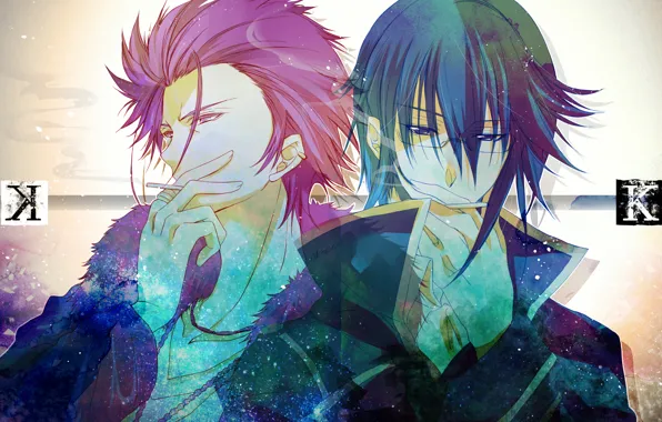 Text, guys, cigarette, K Project, Munakata Thigh, Suoh Mikoto, red king, blue king