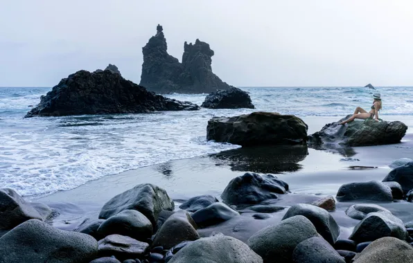 Sea, beach, girl, stones, rocks, shore, hat, bather