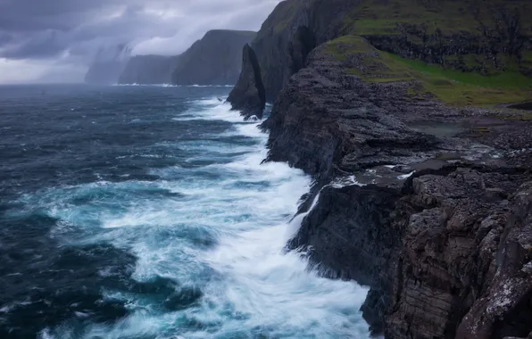 Sea, wave, clouds, fog, overcast, rocks, dal, surf