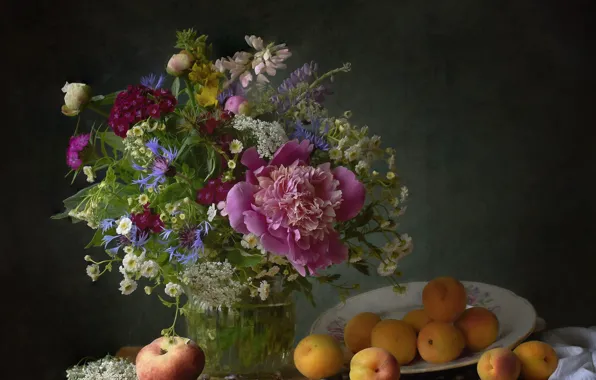 Table, food, bouquet, plate, fabric, vase, pink, white
