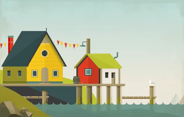 Picture landscape, collage, bird, home, vector, pier