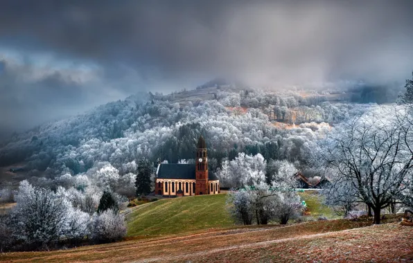 Picture winter, clouds, snow, landscape, nature, fog, mountain, Church