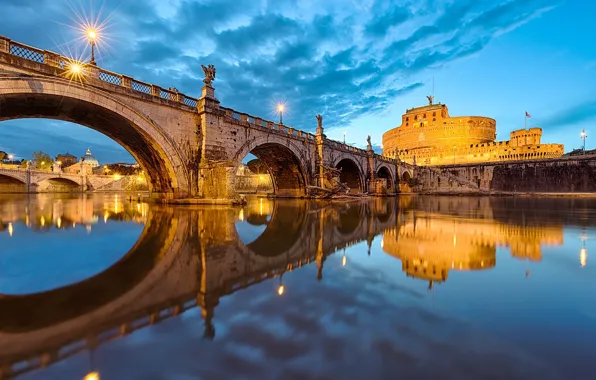 The sky, water, the city, reflection, river, the evening, lighting, Rome