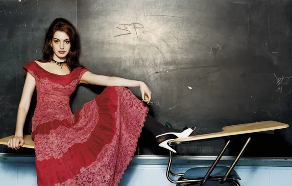 Dress, actress, brunette, class, the teacher, beautiful, Anne Hathaway, Anne Hathaway