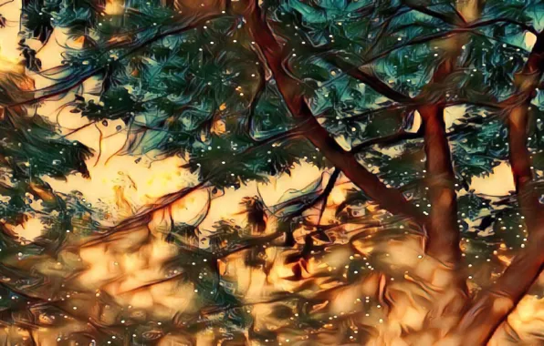 Fireflies, rendering, tree, branch, figure, moonlight