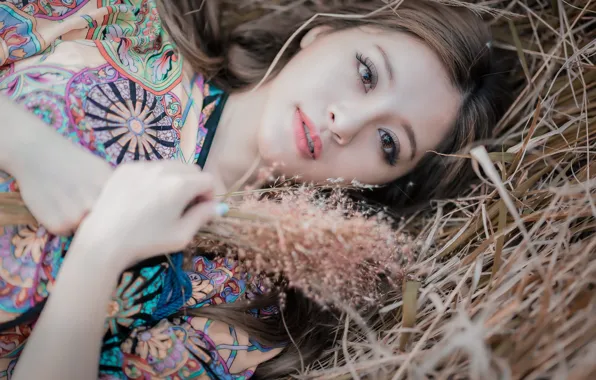 Grass, look, girl, face, Asian