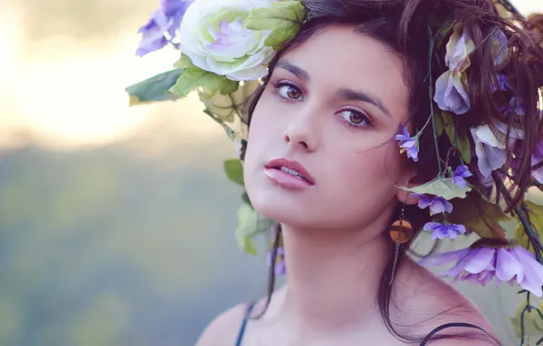 Picture look, girl, flowers, face, wreath