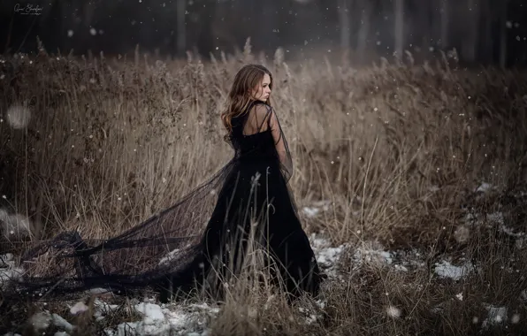 Girl, snow, black dress, Anna Shuvalova