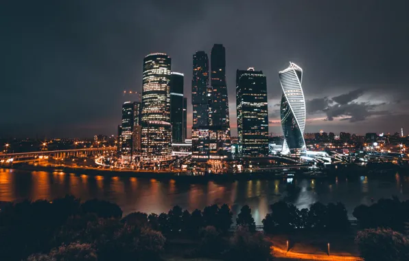Night, the city, lights, Russia, Moscow City
