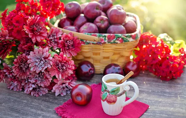 Picture autumn, light, flowers, red, nature, table, tea, apples