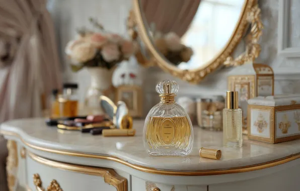 Flowers, interior, bouquet, perfume, mirror, window, different, cosmetics