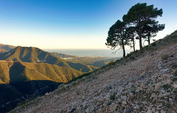 Sea, the sky, the sun, trees, mountains, nature, stones, coast
