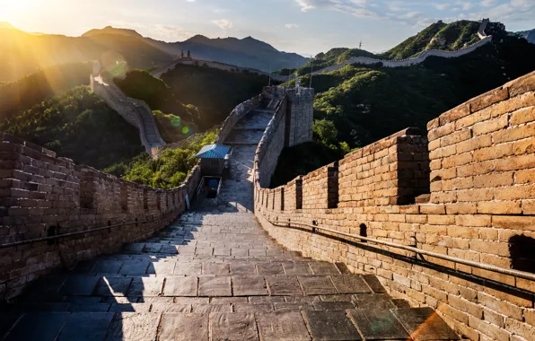 Picture rays, trees, mountains, China, China, wall, wall of China