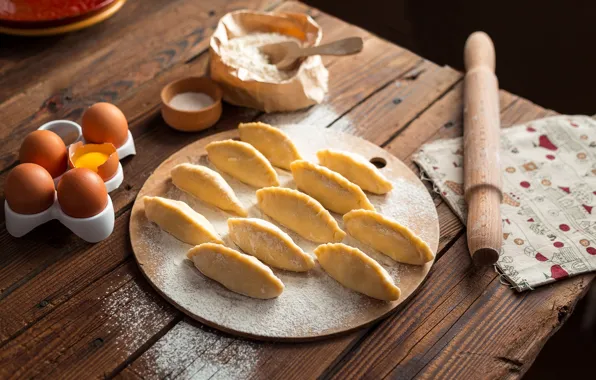 Board, eggs, flour, dumplings