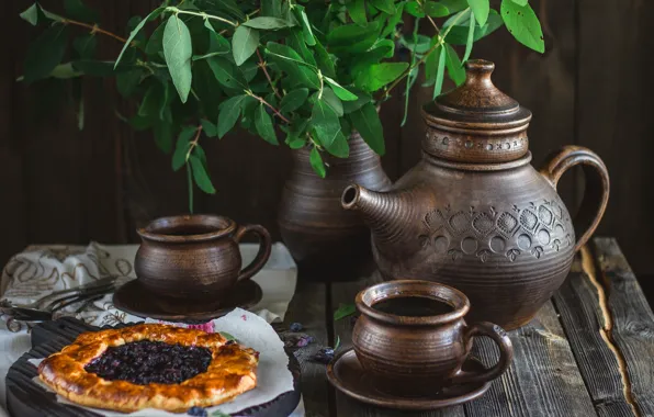 Picture tea, kettle, pie, Cup, dishes, still life, cakes