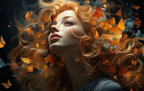 Look, girl, butterfly, flowers, hair, portrait, illustration, digital art
