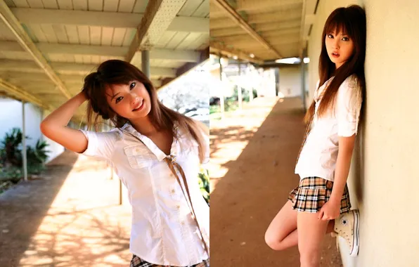 Wall, Japanese, skirt, blouse, brown hair, Asian, Nozomi Sasaki