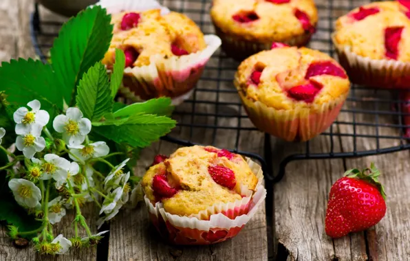 Picture cookies, strawberry, cake, wood, cakes, cupcakes, muffins