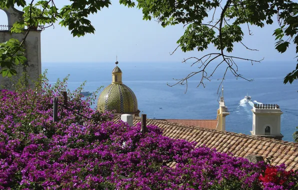 Roof, sea, trees, flowers, house, ship, mountain, Italy
