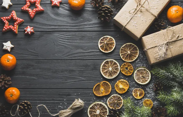 Star, spruce, cookies, gifts, Mandarin, dry orange, the new year 2018