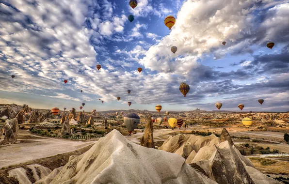 The sky, clouds, mountains, balloon, rocks, Turkey, Cappadocia