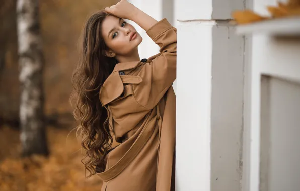 Picture autumn, look, girl, pose, brown hair, cloak, curls, Vladimir Vasiliev