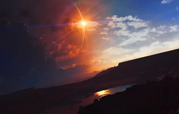 Clouds, lake, landscape, planet, art, TylerCreatesWorlds