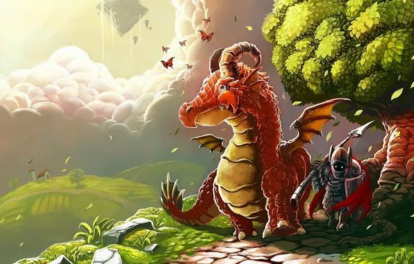 Picture butterfly, house, tree, dragon, art, track, knight, peak