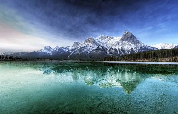 Forest, the sky, water, clouds, mountains, river, Canada