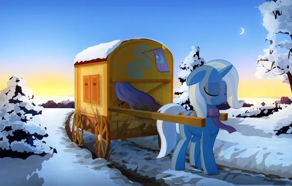Picture road, snow, trees, pony, wagon, My little pony, Trixie