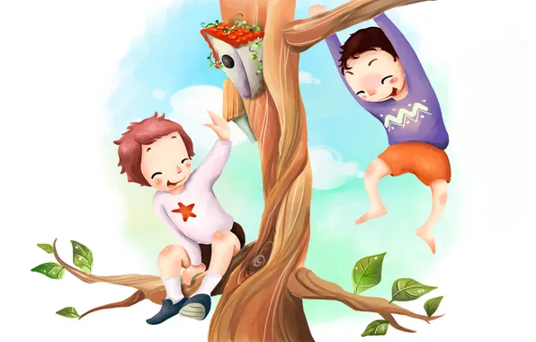 Picture branches, children, tree, foliage, figure, birdhouse, fun