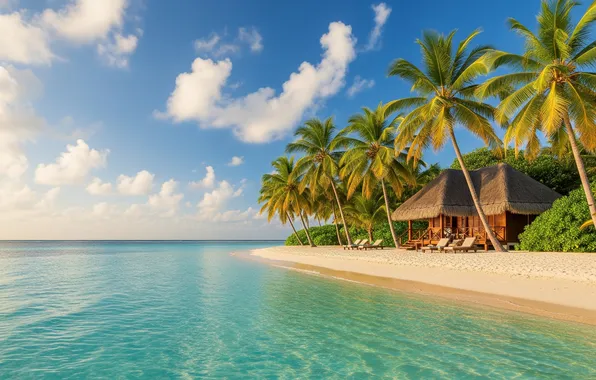 Sand, beach, the sky, water, palm trees, Wallpaper, shore, wallpaper