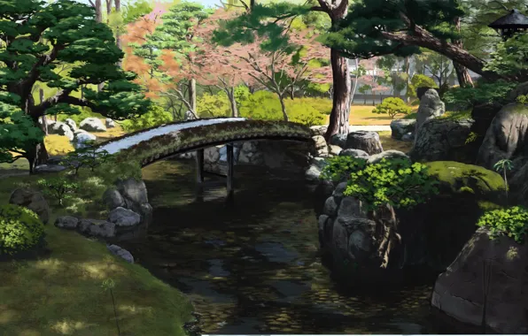 Park, stream, Japan, wooden bridge, green leaves, summer day, stones in water, by Sasaki112