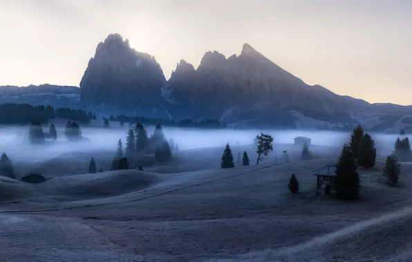 Mountains, night, fog, Alps, houses