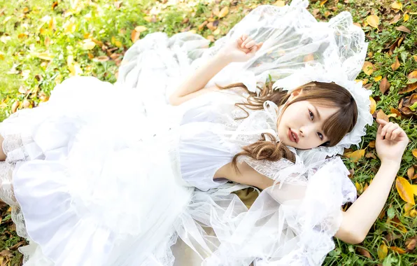 Grass, Beautiful, Asian, Model, Woman, Lying Down, Laying, Pretty