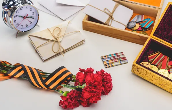 Flowers, holiday, victory day, St. George ribbon, May 9, medals, clove, letters
