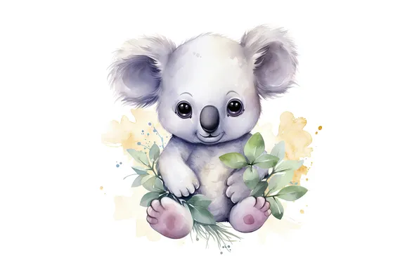 White background, painting, cub, Koala, AI art, neural network