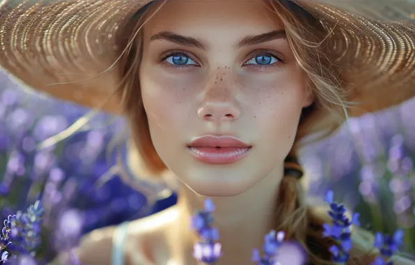 Field, look, girl, flowers, portrait, blonde, freckles, blue eyes