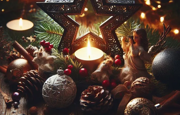 Balls, lights, table, toys, Board, star, candles, fruit