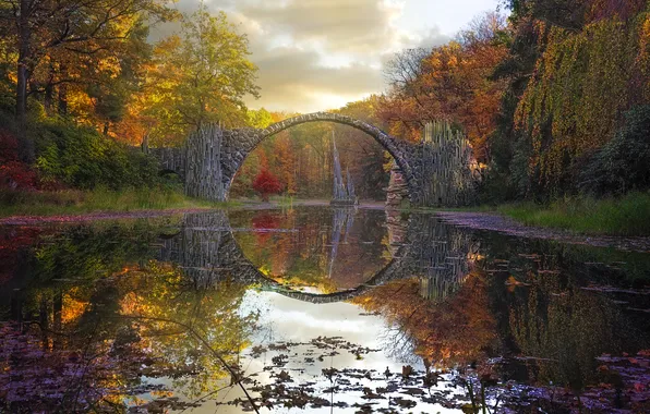 Autumn, forest, bridge, reflection, shore, Germany, arch, pond